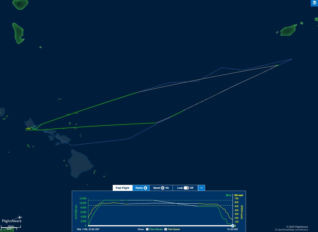 The flight radar showing the path the United flight took to return to Honolulu.