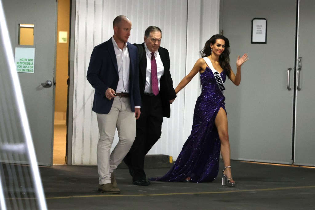 Jordon Hudson and Bill Belichick in May 2024 at Miss Maine USA