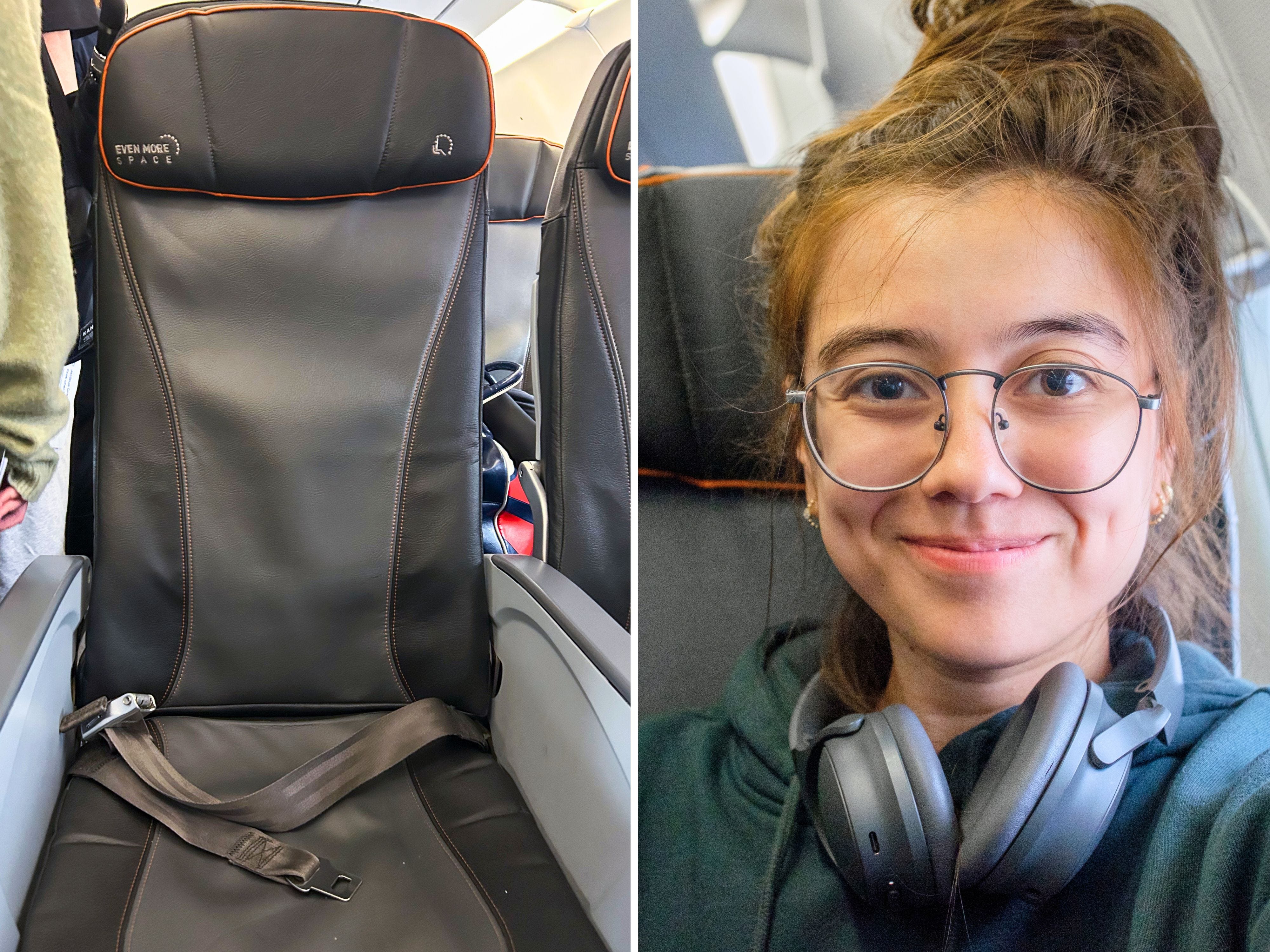 A composite image of an empty even more space seat on a plane and the author sitting in one