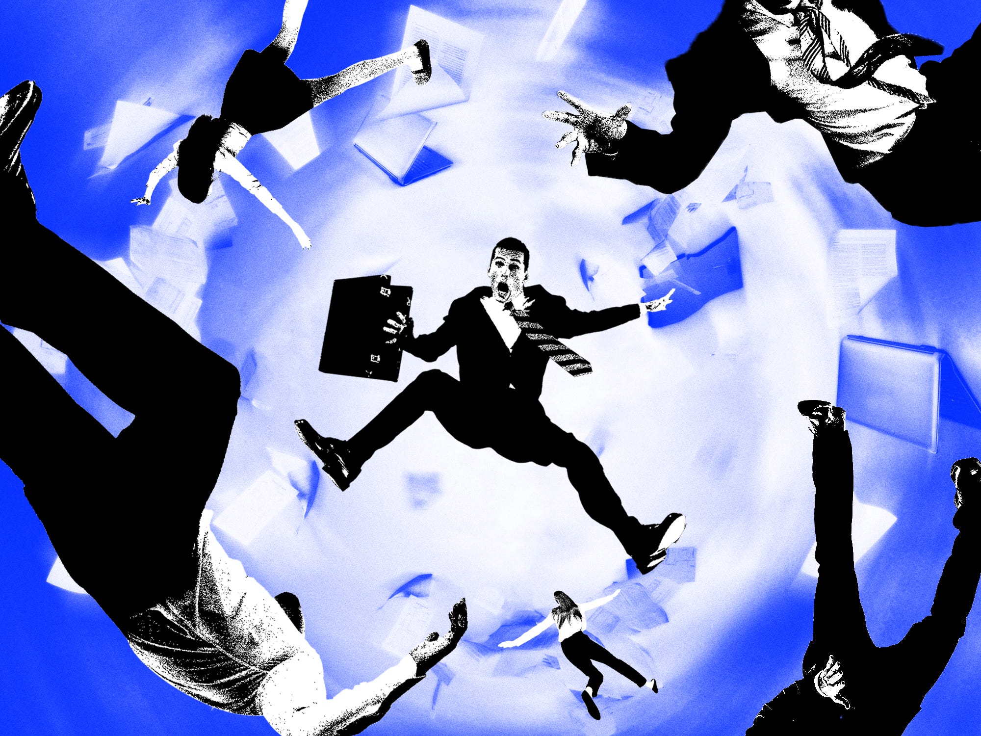 Business men and women falling into a cyclone