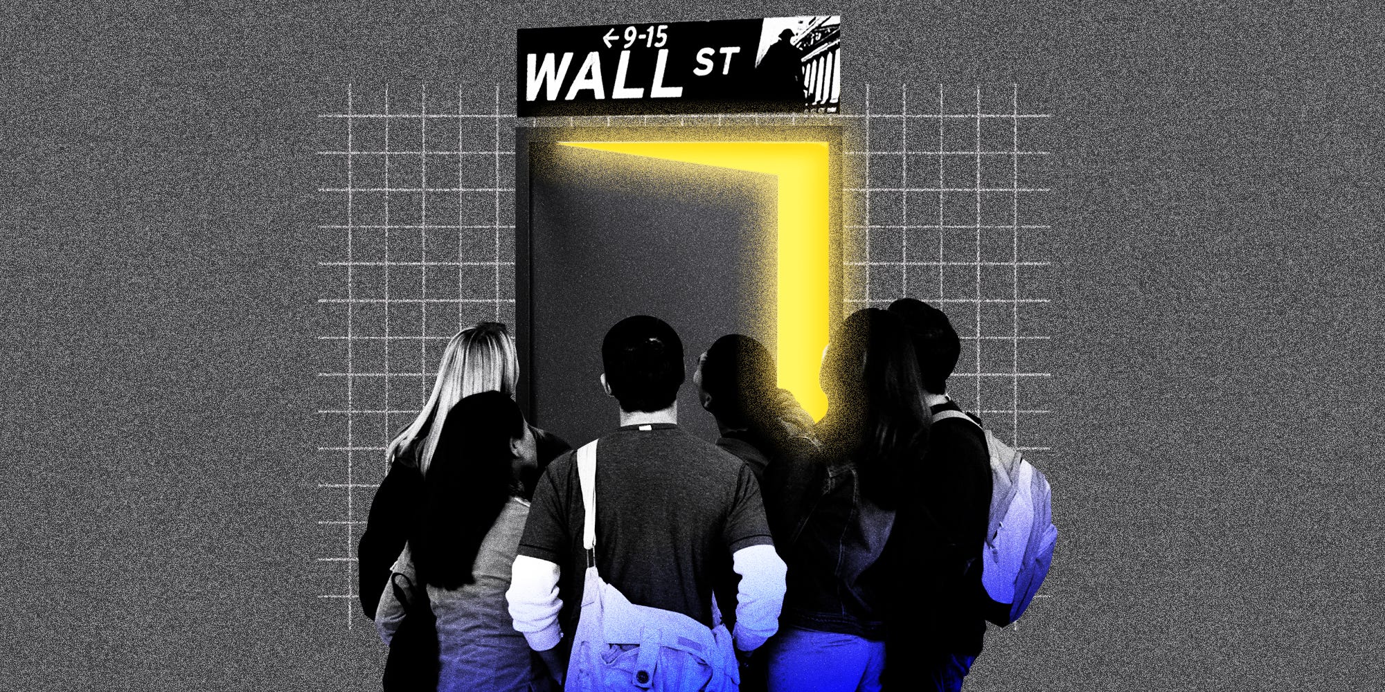 Photo collage of students gathered at a cracked door with a glowing light inside, and a Wall Street sign above.
