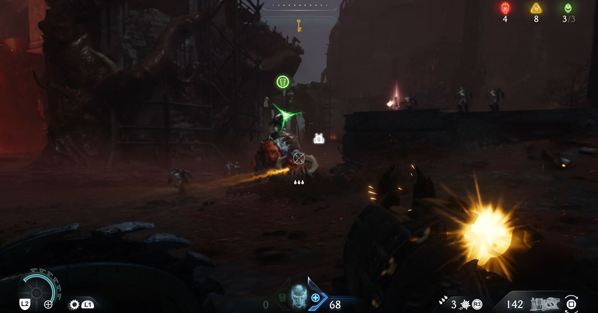 A Doom: The Dark Ages screenshot showing a Pinky Rider charging an Hell Surge arrow,.