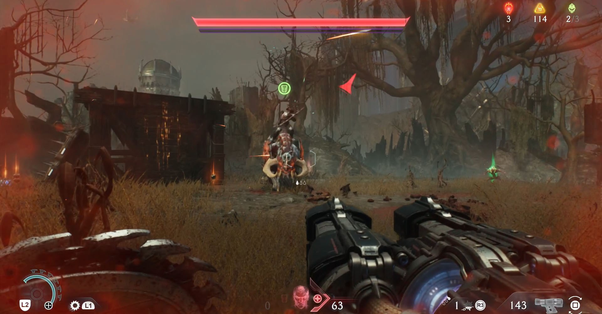 A Doom: The Dark Ages screenshot showing a Pinky Rider, the leader of chapter 6. They are a demon riding a kind of demon giant dog.