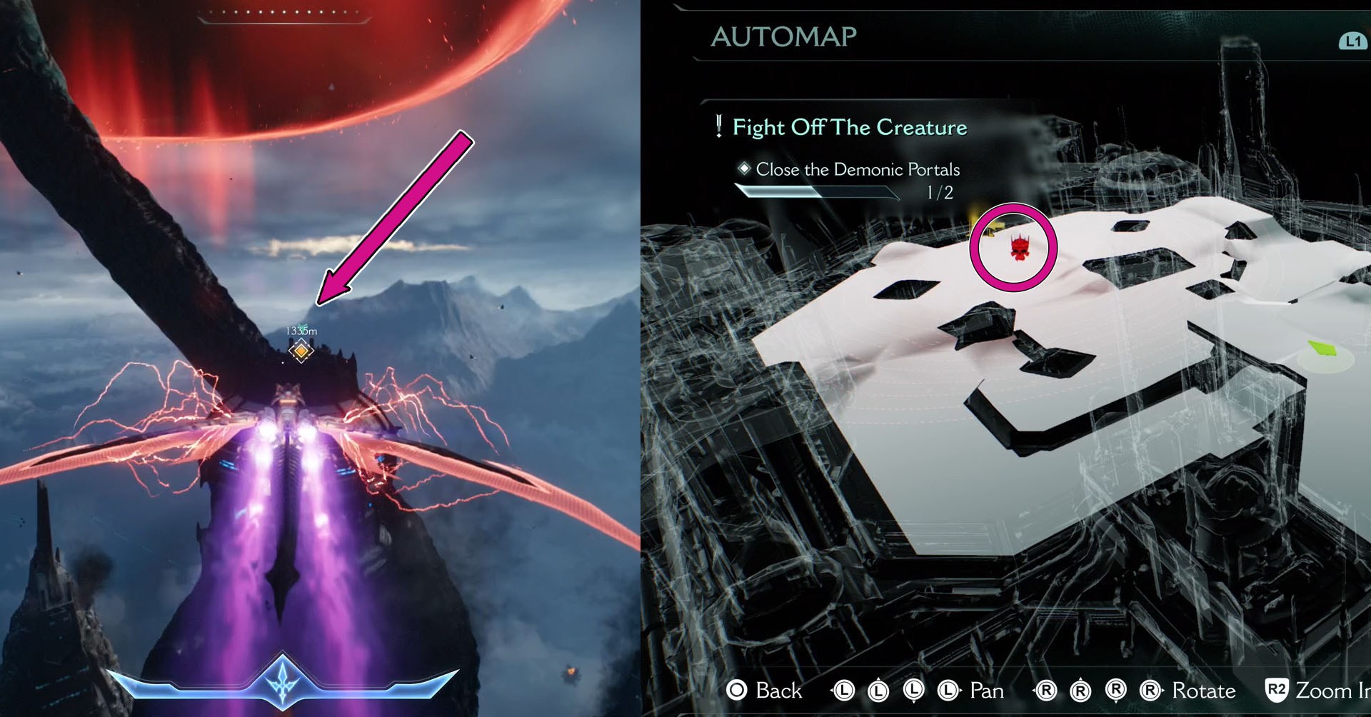 A montage made by using two Doom: The Dark Ages screenshots. On the left side you see the character riding a cyberdragon and a pink arrow pointing to where they are going to land. On the right side, there is the map version of the area where the landing zone is located.