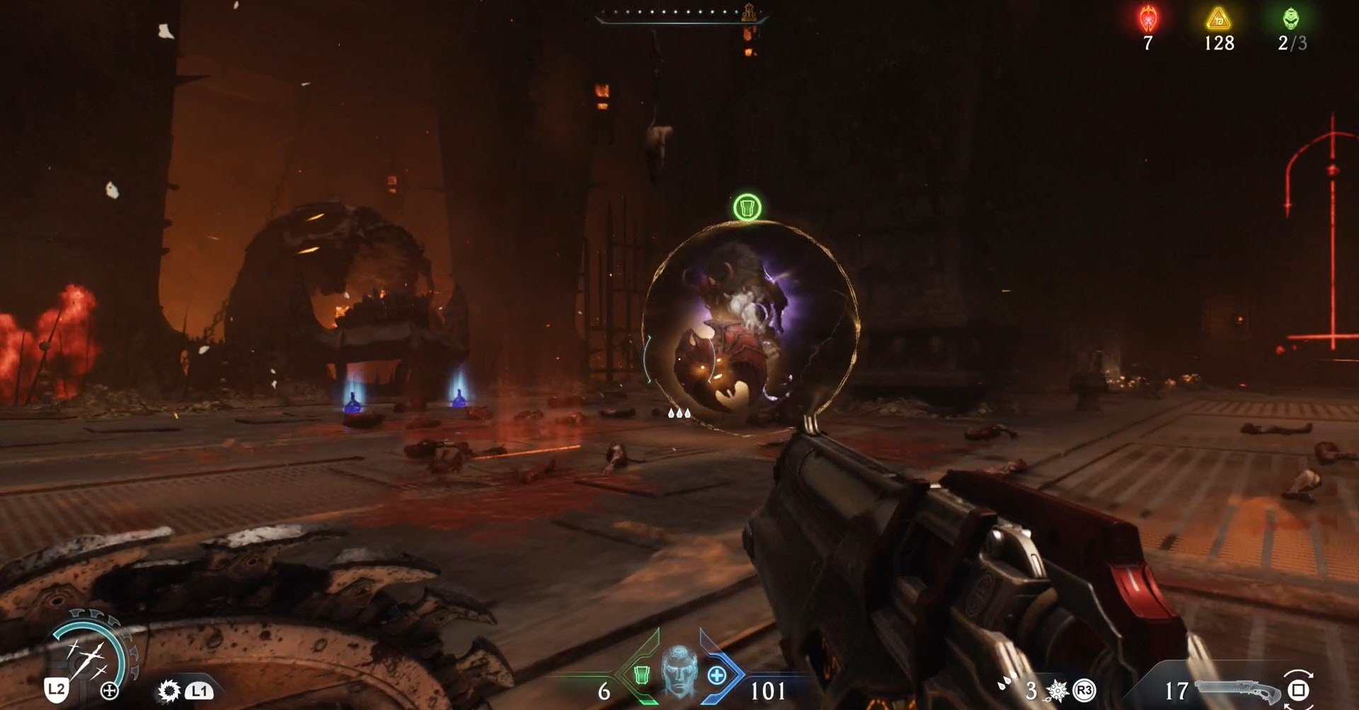 A Doom: The Dark Ages screenshot showing the leader of chapter 11, an Agaddon Hunter enveloped by a barrier.