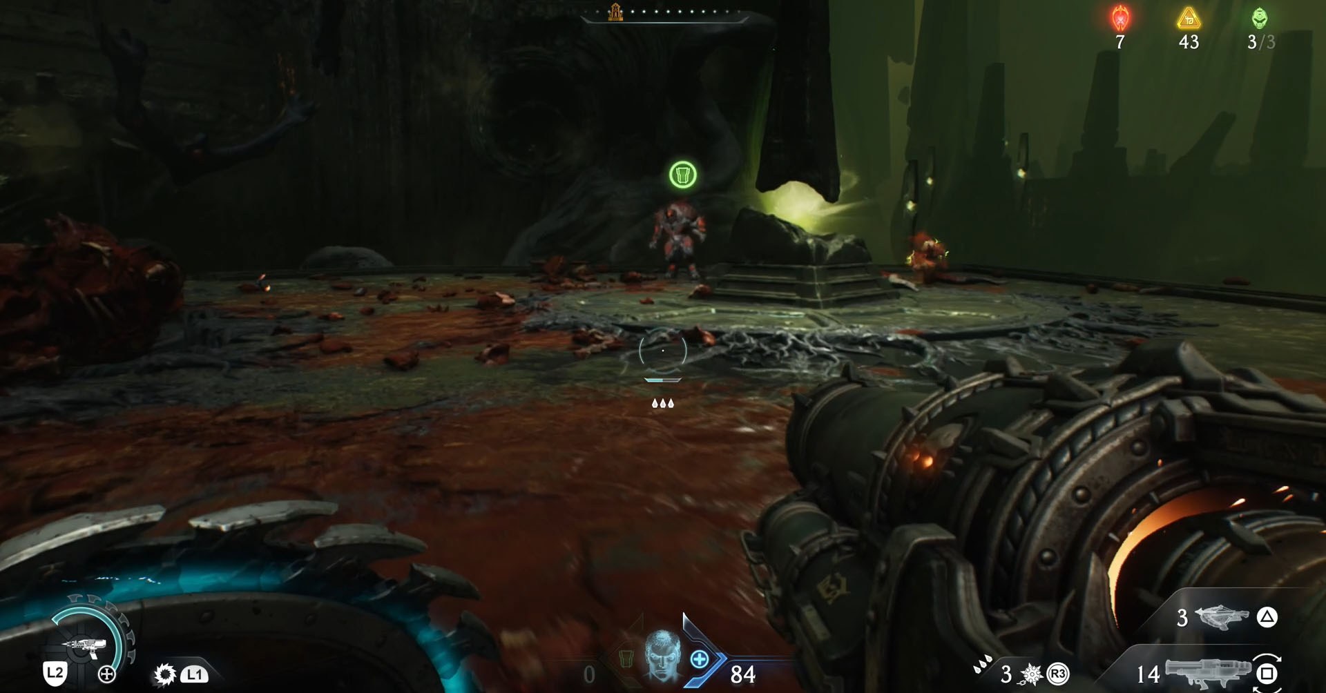 A Doom: The Dark Ages screenshot showing an armored Hell Knight, the armor upgrade leader in chapter 15.