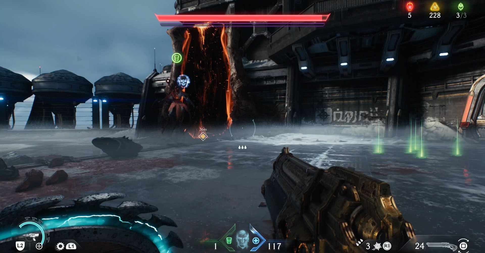A Doom: The Dark Ages screnshot showing the leader of chapter 13, a Revenant demon shooting a skull of energy at you.