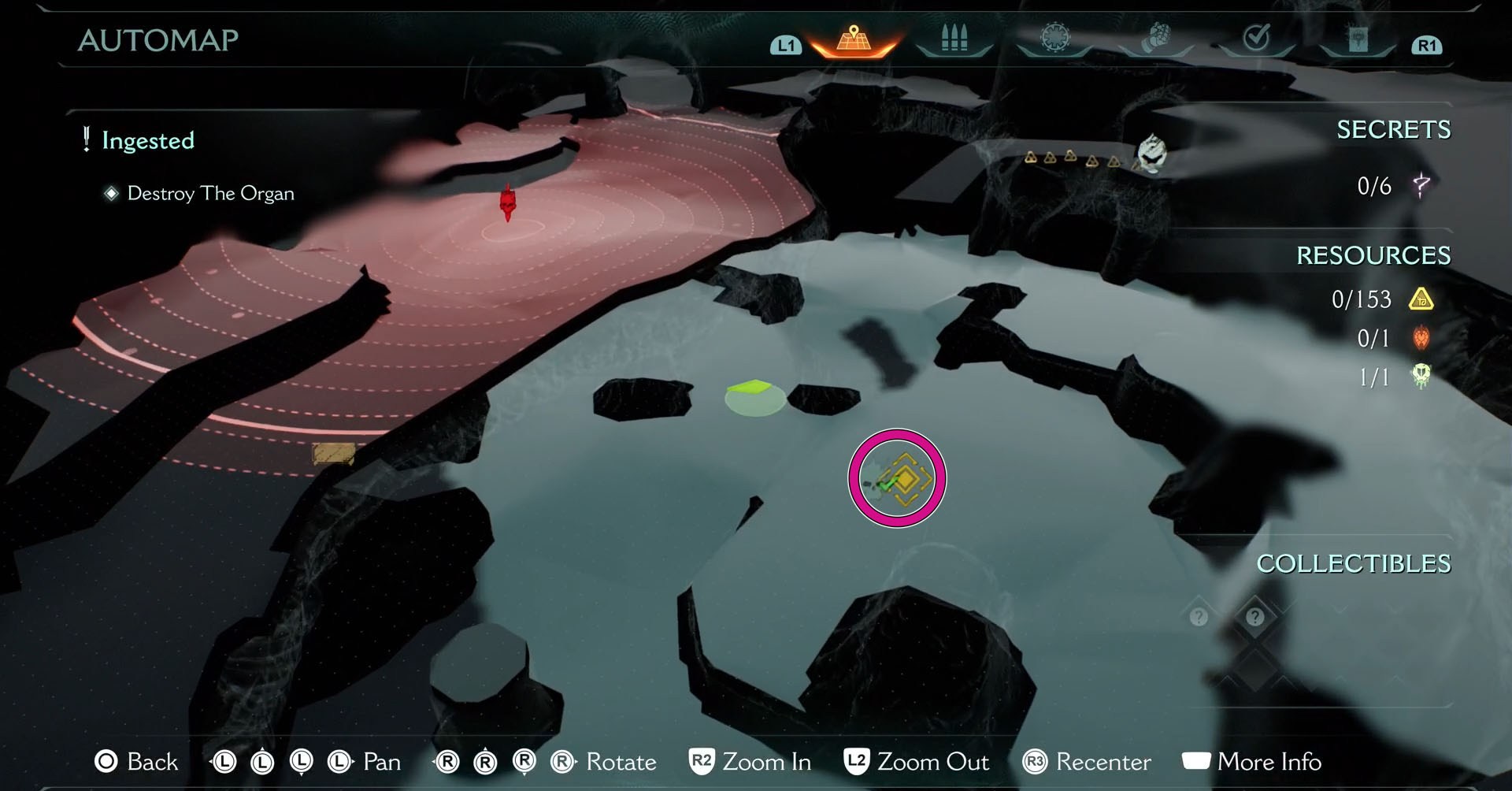 A Doom: The Dark Ages screenshot showing on a map that the armor upgrade leader is located in the same spot where the main mission lead you to.