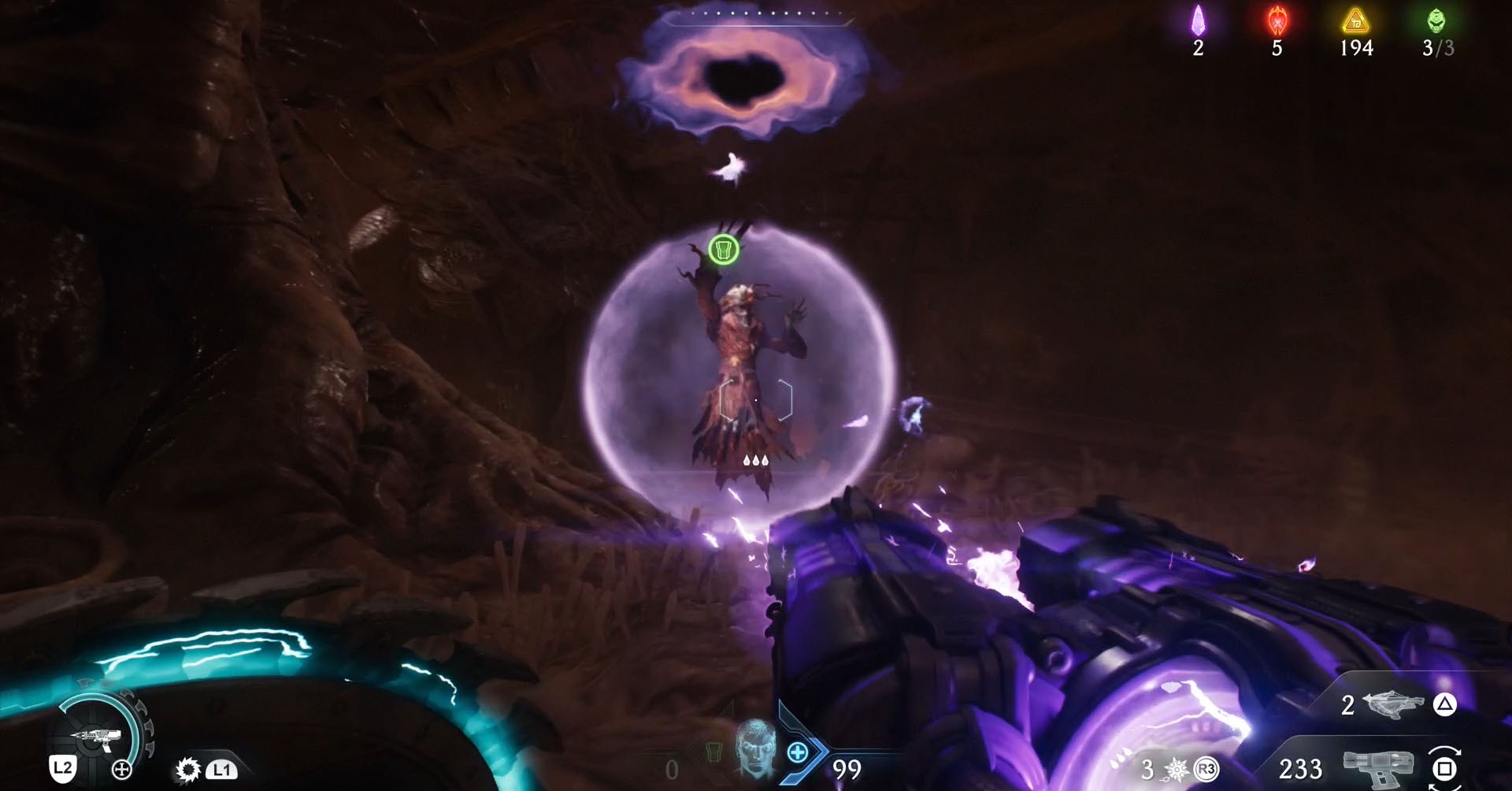 A Doom: The Dark Ages screenshot showing an Acolyte, the leader of chapter 18. They are opening a small portal above them.