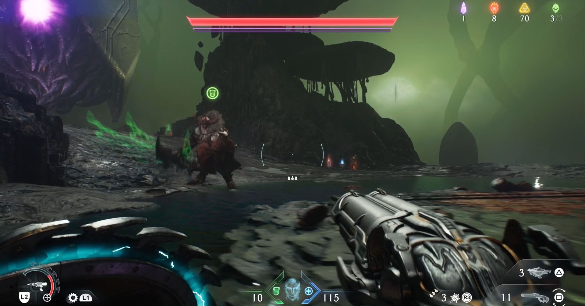 A Doom: The Dark Ages screenshot showing an Agaddon Hunter, the armor upgrade leader in chapter 16.