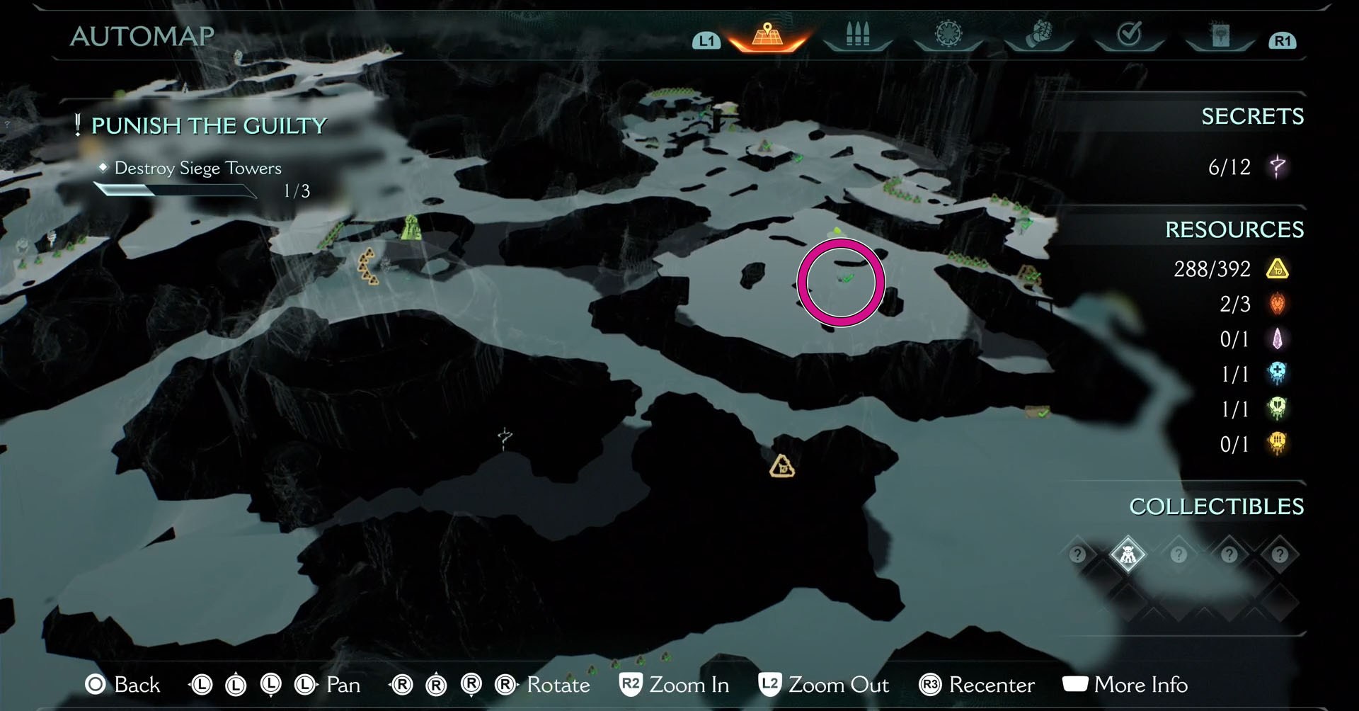 A Doom: The Dark Ages screenshot showing the map of chapter 20 and where the armor upgrade leader is located.