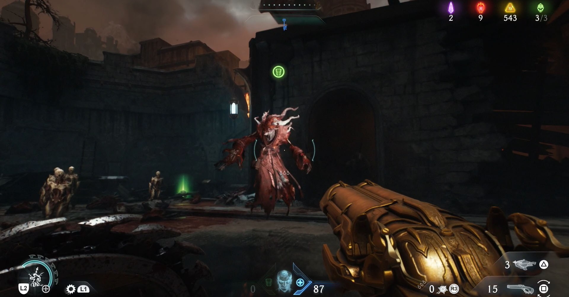 A Doom: The Dark Ages screenshot showing an Acolyte, who is the final armor upgrade leader in the game.