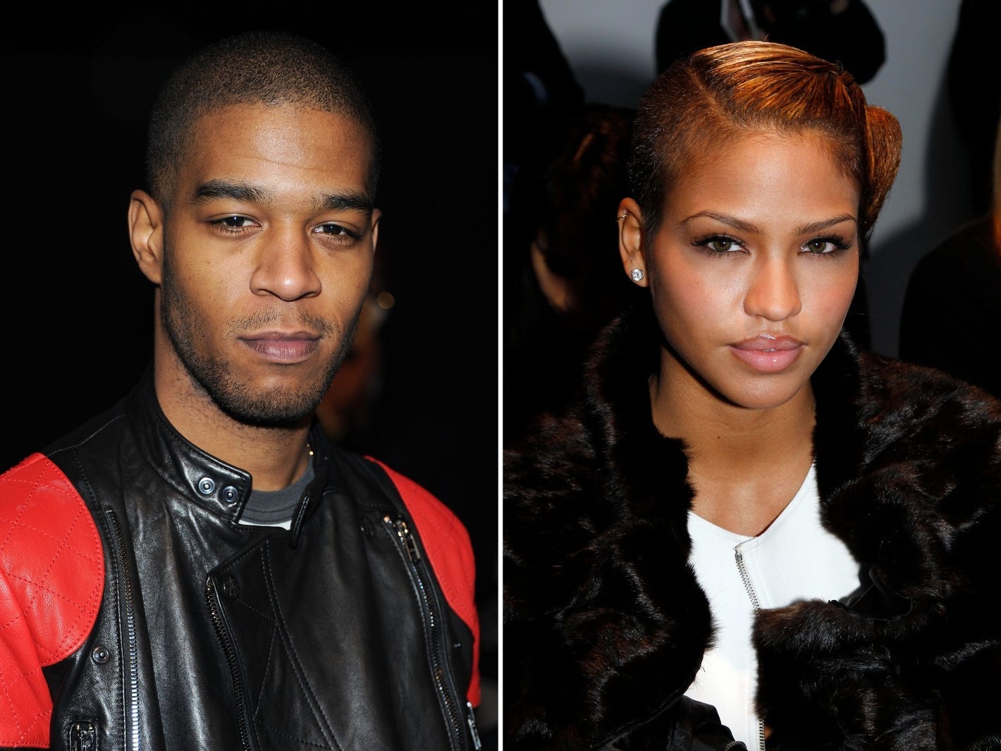 A composite image of Kid Cudi in a black and red leather jacket and Cassie wearing a white shirt and fur coat.