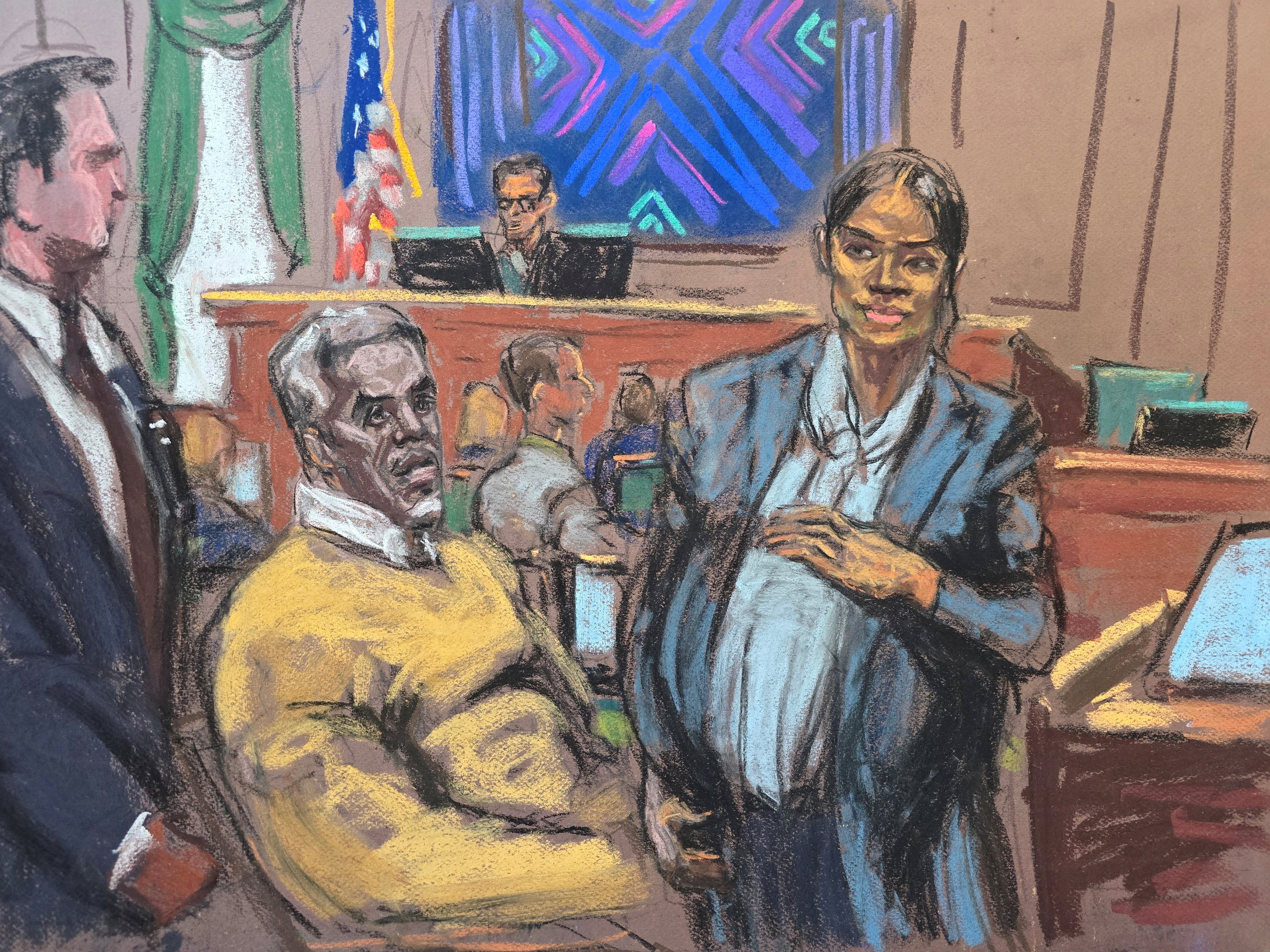 A court drawing of Diddy and Cassie Ventura.
