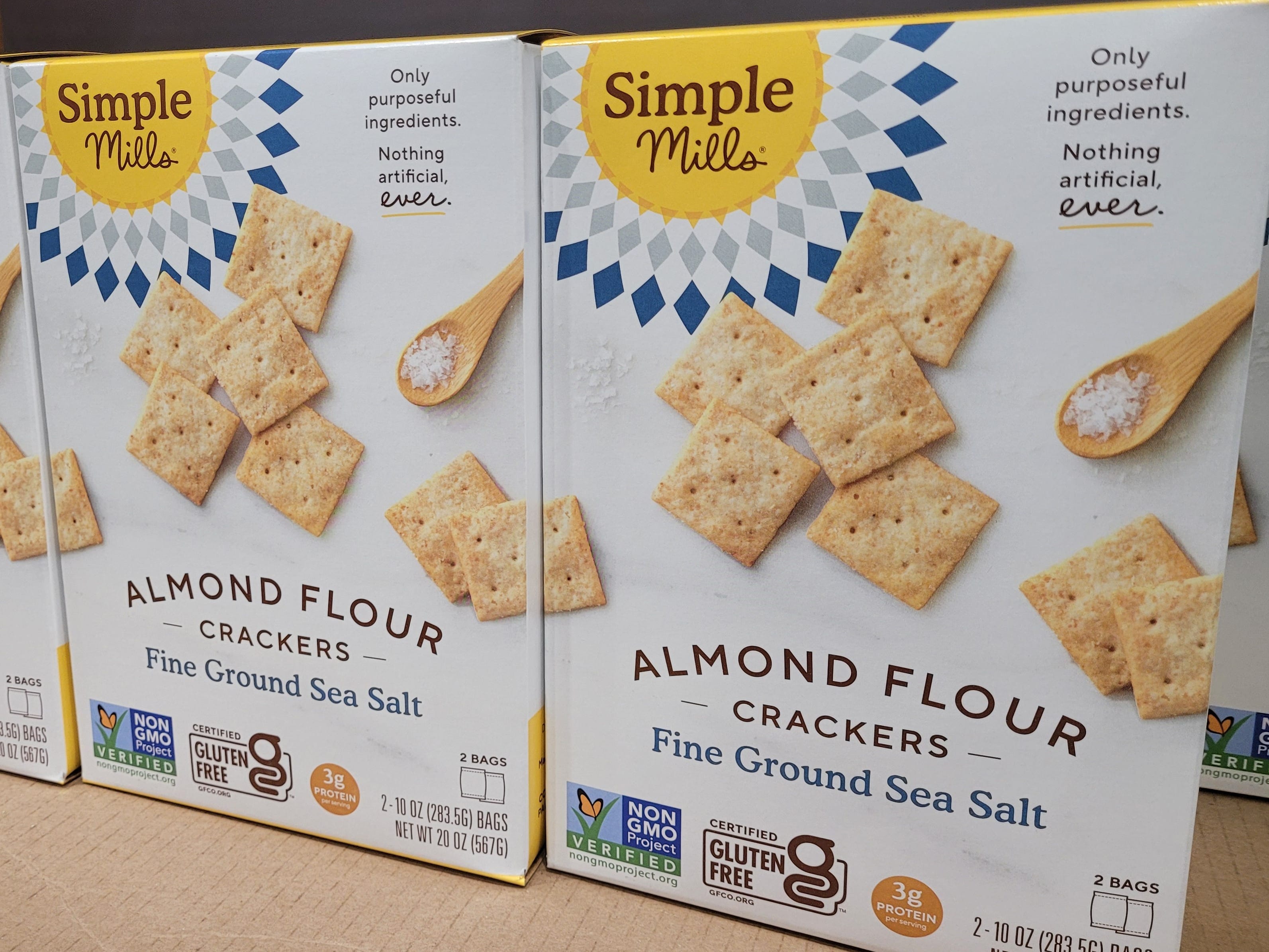Boxes of Simple Mills almond flour crackers.
