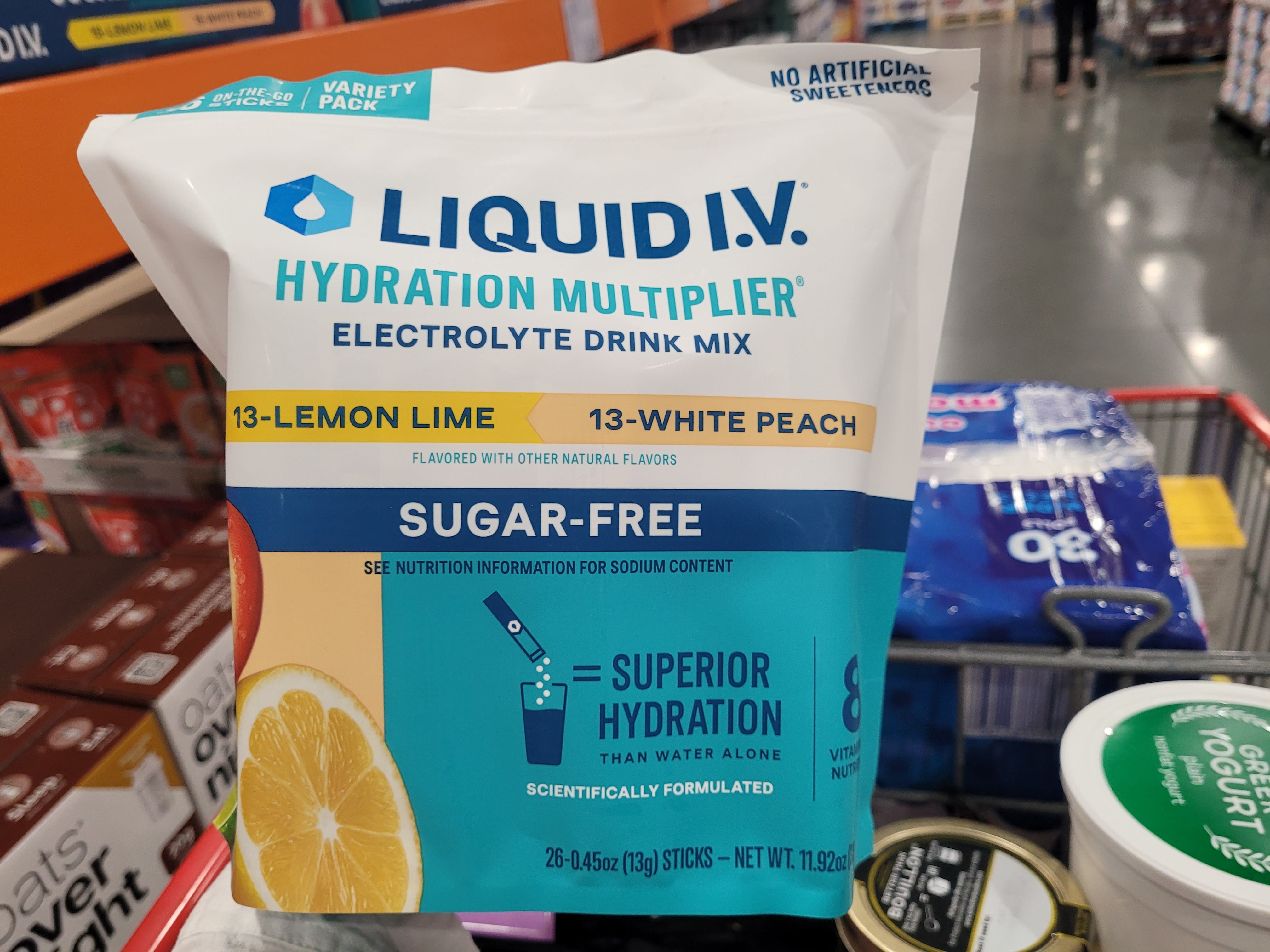 A bag of lemon lime and white peach Liquid IV.