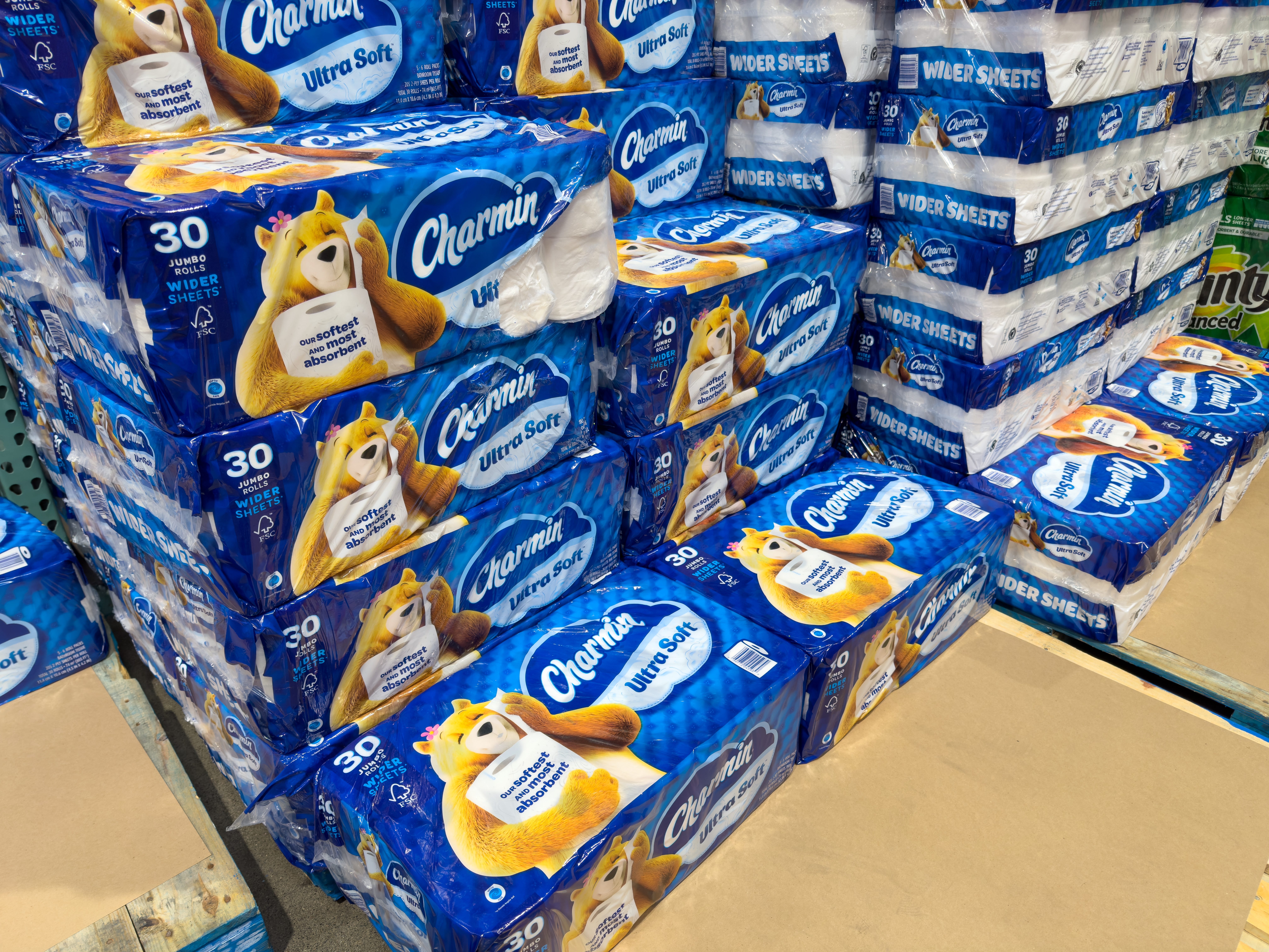 A display of Charmin Ultra Soft bulk toilet paper.