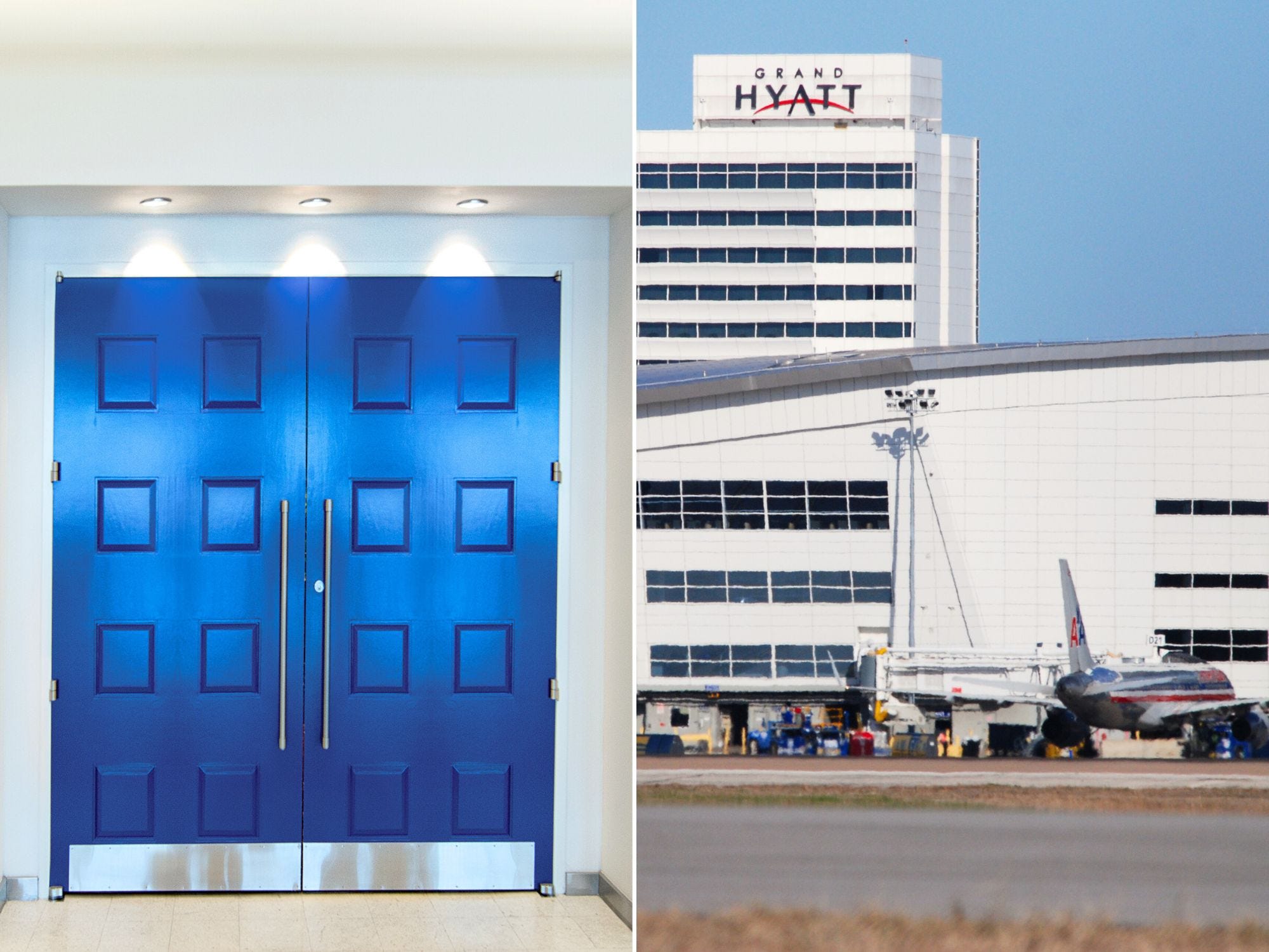 Left: Blue door to American Express to Open The CenturionSM Lounge in DFW. Right: American Airlines plane parked at a gate at DFW Airport, the Grand Hyatt Hotel in the background