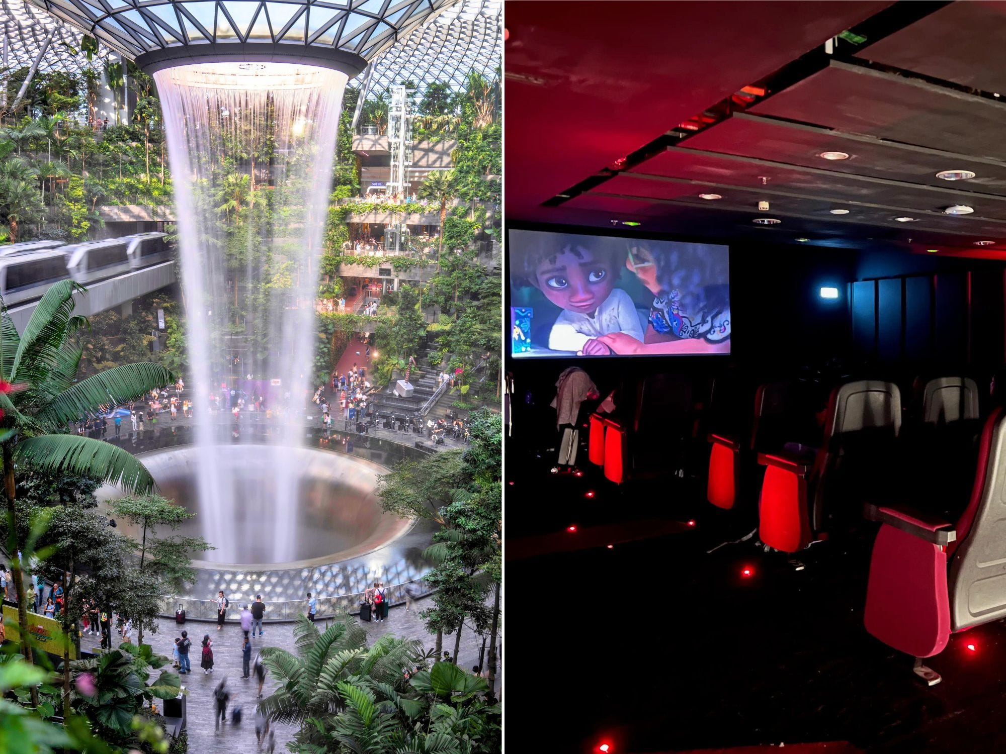 Left: Visitors walk through the Jewel as a Skytrain shuttles passengers between terminals at Changi Airport in Singapore. Right: A movie plays in a dark theater with red seats.