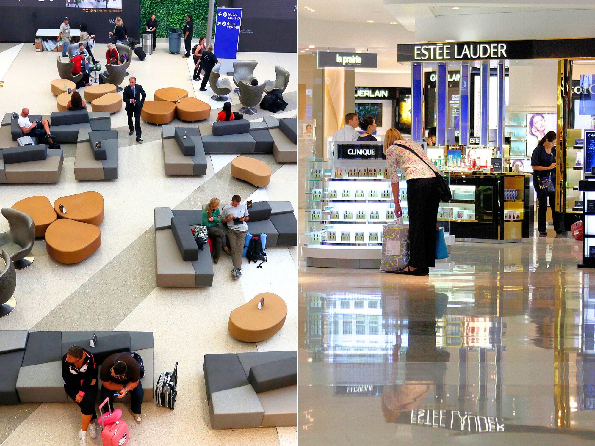 Left: Passengers wait in esthetically curved chairs and bolsters at the Tom Bradley International Terminal. Right: Upscale shops are seen at the Tom Bradley International Terminal at Los Angeles International Airport
