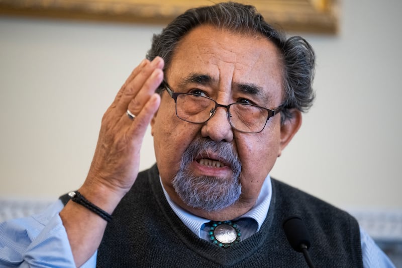 Late Arizona congressman Raul Grijalva gestures during a 2023 news conference.