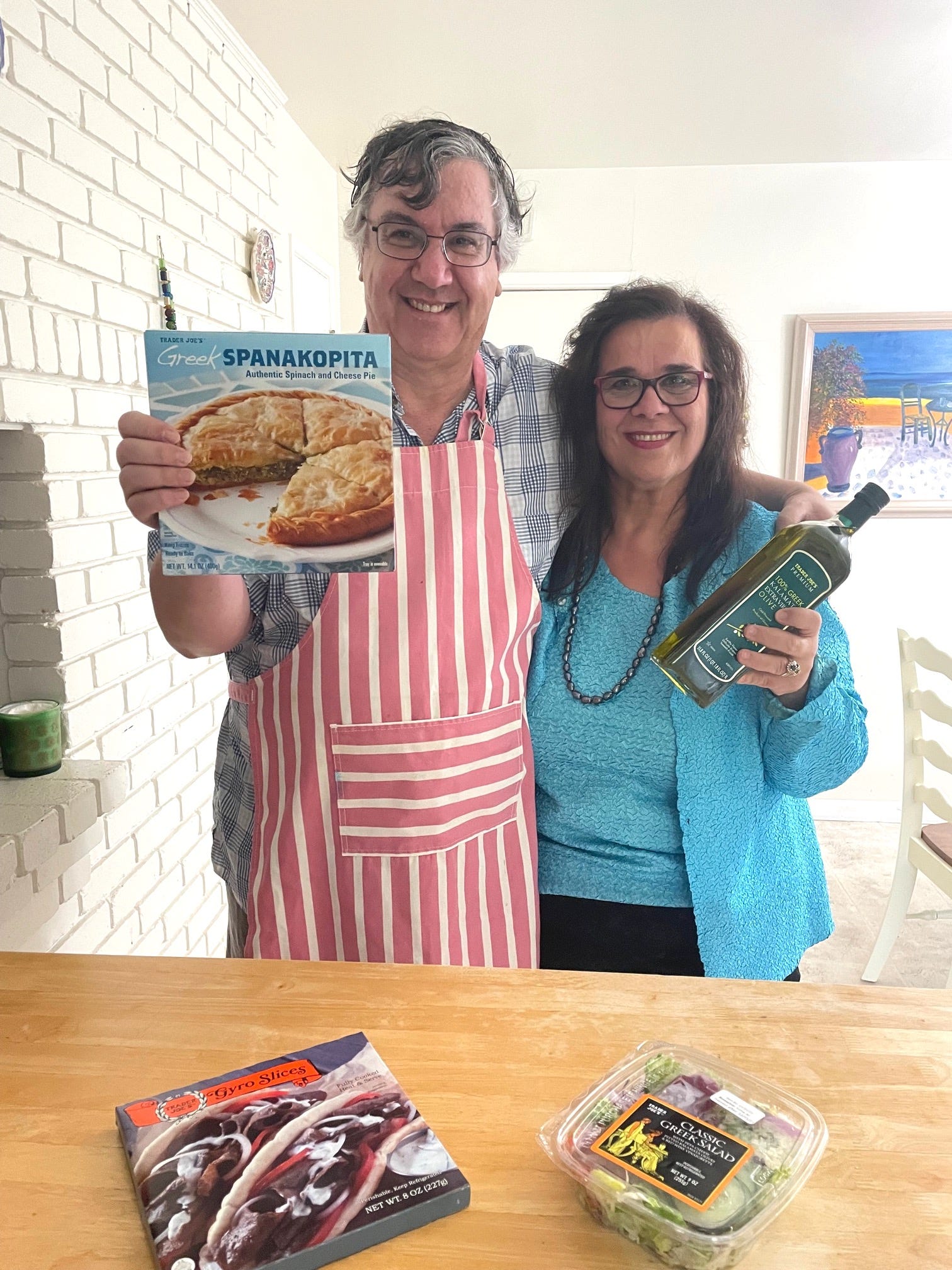 Anneta's parents with Greek Trader Joe's products