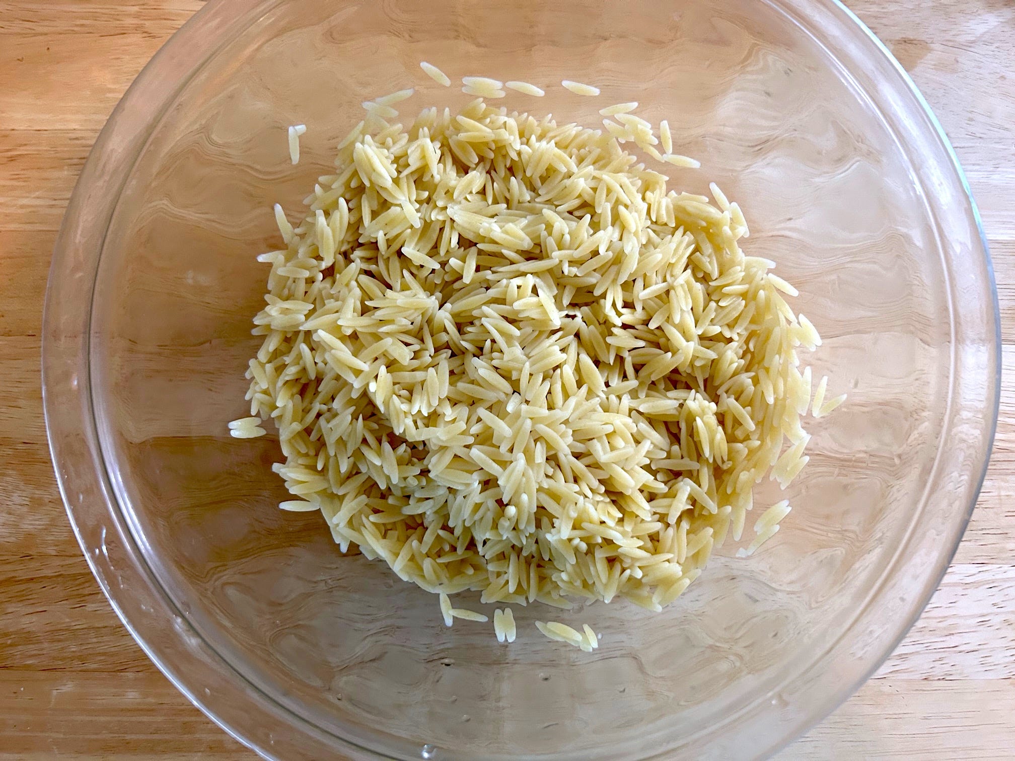 Cooked orzo for Ina Garten's Greek Orzo Salad