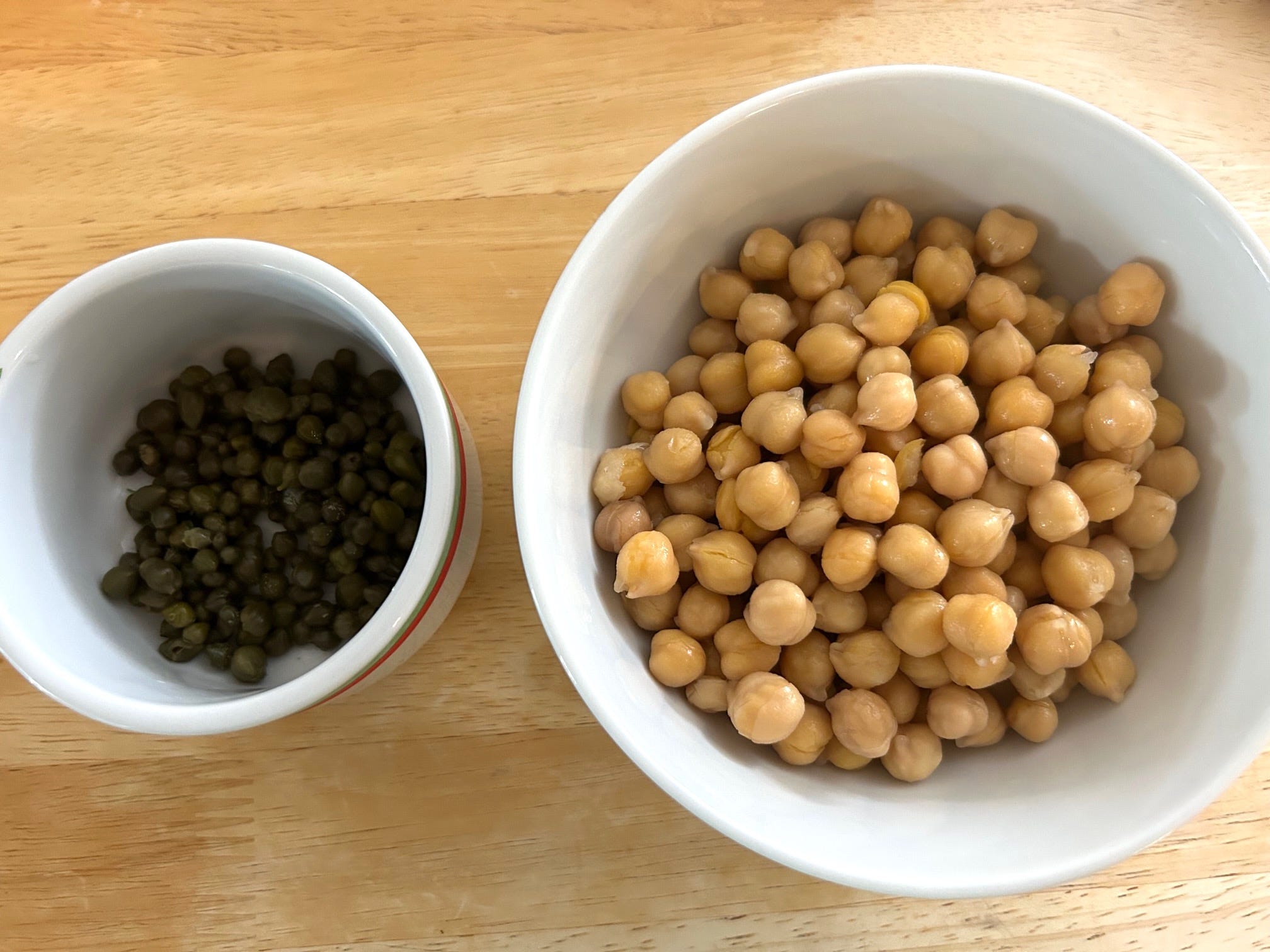 Prepping chickpeas and capers for Ina Garten's Greek Orzo Salad