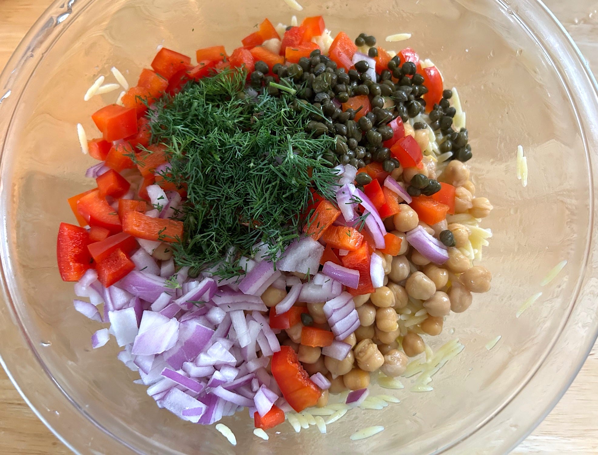 Adding the dill to Ina Garten's Greek Orzo Salad