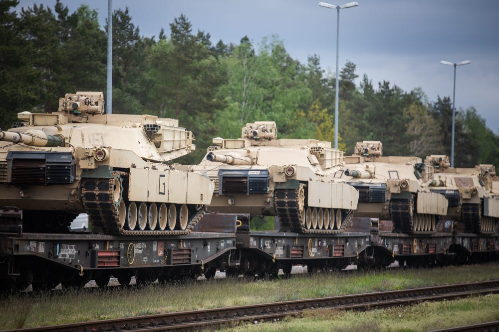 US M1A1 Abrams tanks arrive via rail at Grafenwoehr, Germany, May 12, 2023.
