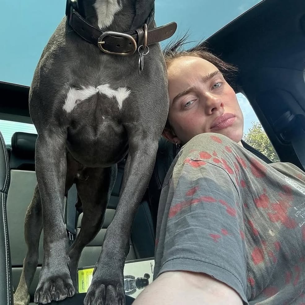 Billie Eilish takes a selfie with her dog.