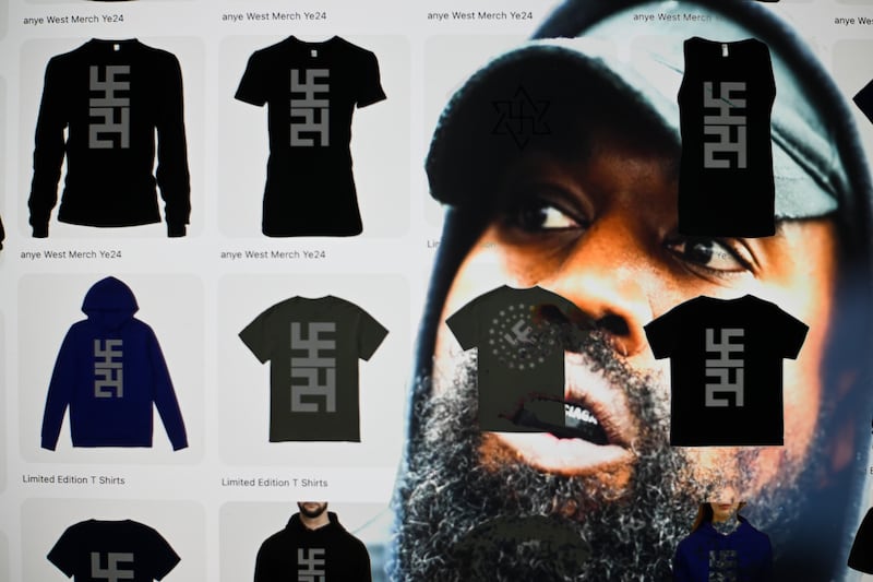 An in camera multiple exposure is seen in this illustration photo of rapper Ye, formerly known as Kanye West with online merchandise for his 2024 presidential campaign in Warsaw, Poland on 01 January, 2023. Online retailers have started to cash in on Ye's new status among neo-Nazis and antisemites by selling merchandise and clothing with the rapper's 2024 campaign slogan resembling that of a swastika. (Photo by STR/NurPhoto via Getty Images)