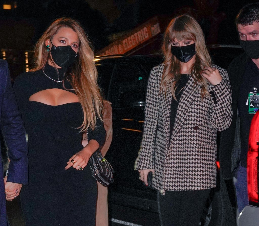 Taylor Swift and Blake Lively arrive at SNL Afterparty at L'Avenue on November 14, 2021 in New York City. 