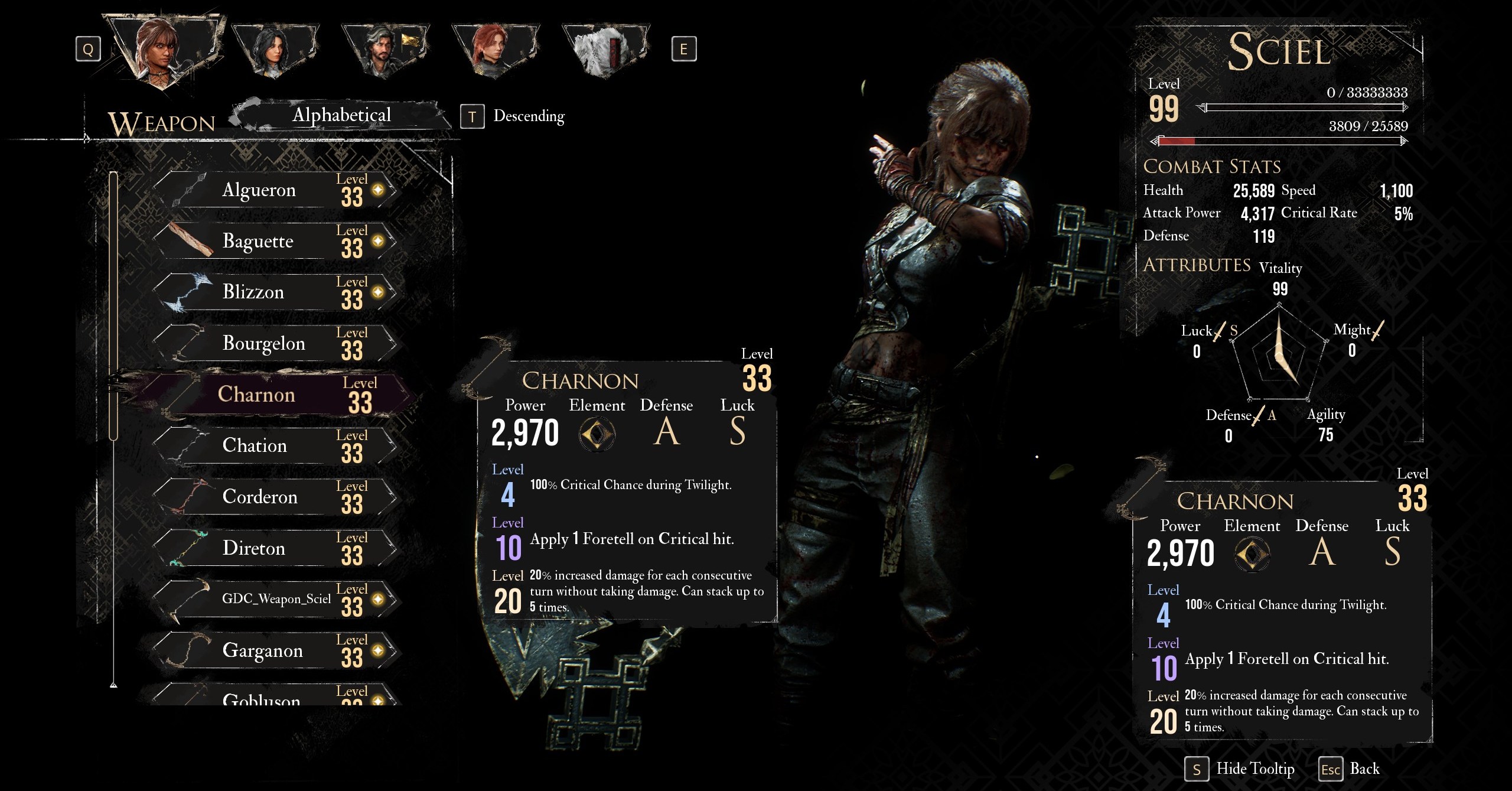 A menu shows the best weapon for the best Sciel build in Clair Obscur Expedition 33