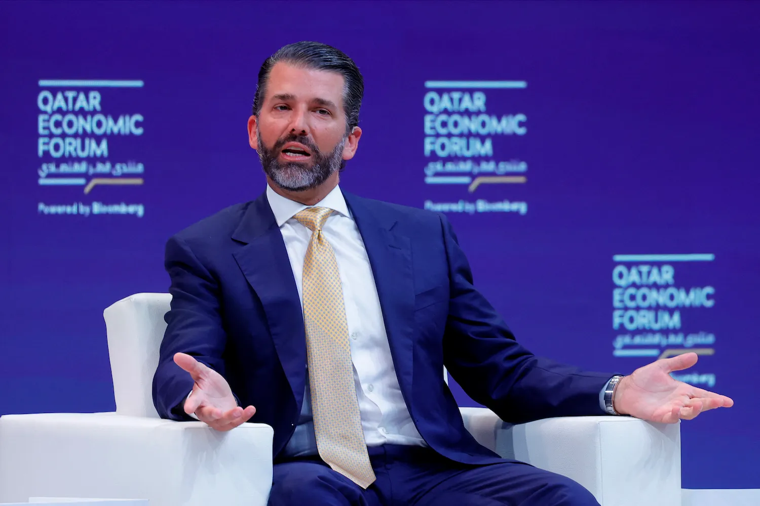 Donald Trump Jr. speaks during a session on “Investing in America” at the Qatar Economic Forum in Doha on May 21, days after his father, U.S. President Donald Trump, visited the country and signed deals worth .2 trillion. The session was previously titled “Monetizing MAGA: Investing in Trump’s America” but was later changed with no explanation. Karim Jaafar/AFP via Getty Images