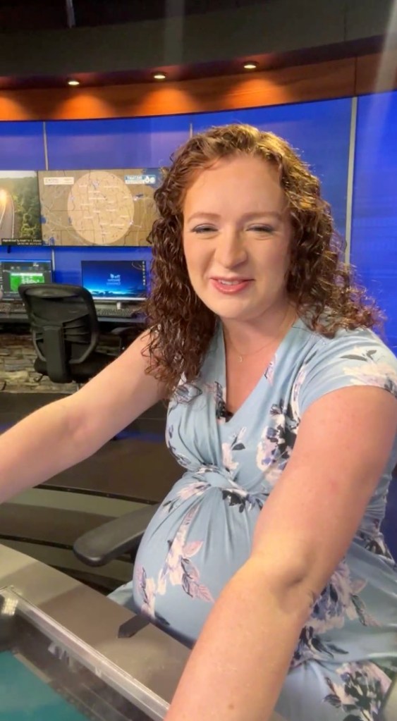 Jaquith sits at the anchor desk of WRGB moments after going into labor.