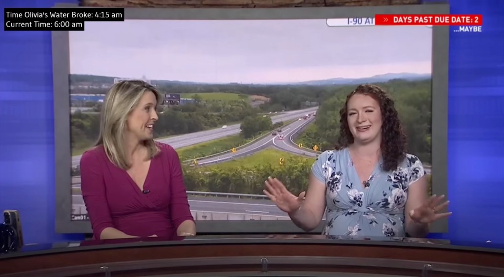 WRGB news anchor Olivia Jaquith announces her water broke just before 6 a.m. on May 21, 2025.