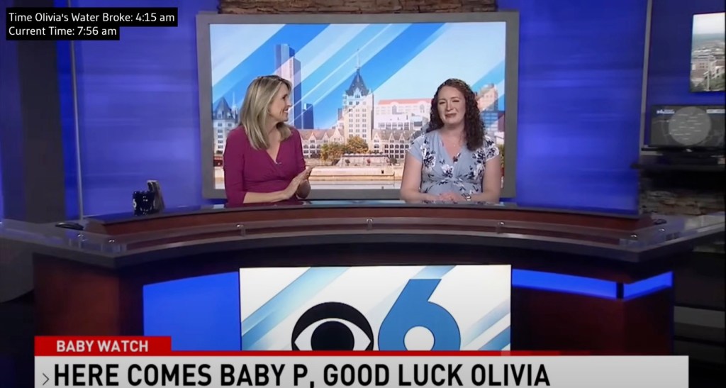 WRGB news anchor Olivia Jaquith announces her water broke just before 6 a.m. on May 21, 2025.