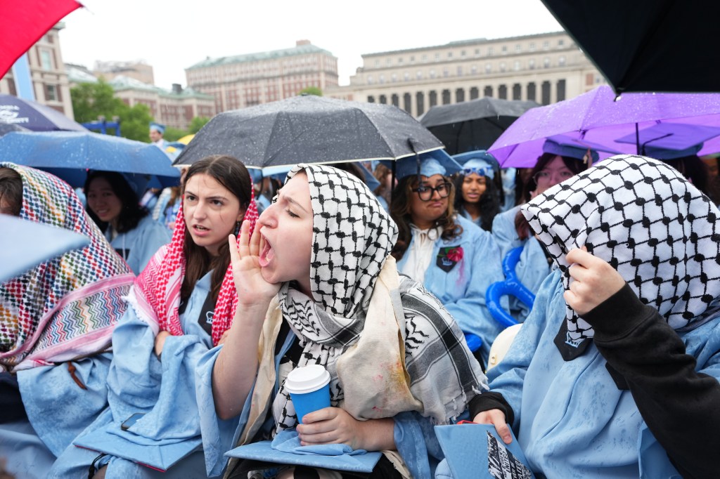 Graduates yell as acting Columbia University president Claire Shipman delivers a commencement address during Columbia Universitys commencement ceremony on Wednesday, May 21, 2025