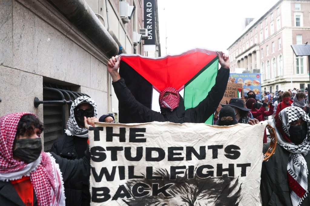 A group of protesters in support of Palestinians march away from Columbia University on Wednesday, May 21, 2025, in New York.