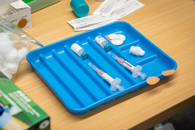 A tray of the MMR vaccine at a vaccine clinic.
