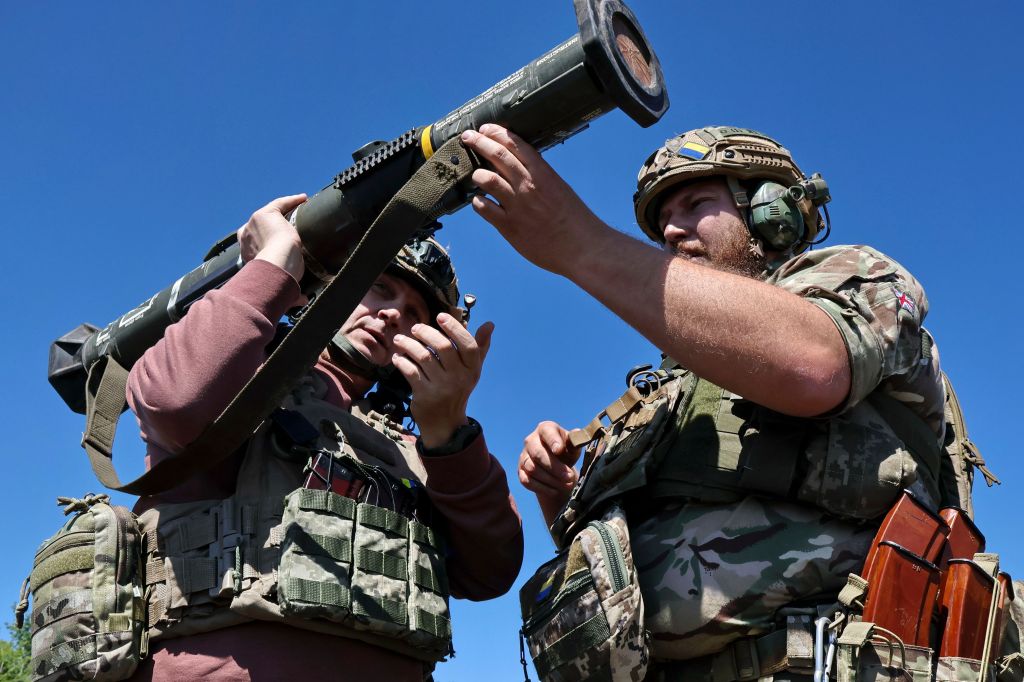 Ukrainian servicemen from the 65th Separate Mechanized Brigade in training, using an AT4 NATO disposable Anti-Tank Missile Launcher, Zaporizhzhia region, Ukraine, 22 May 2025