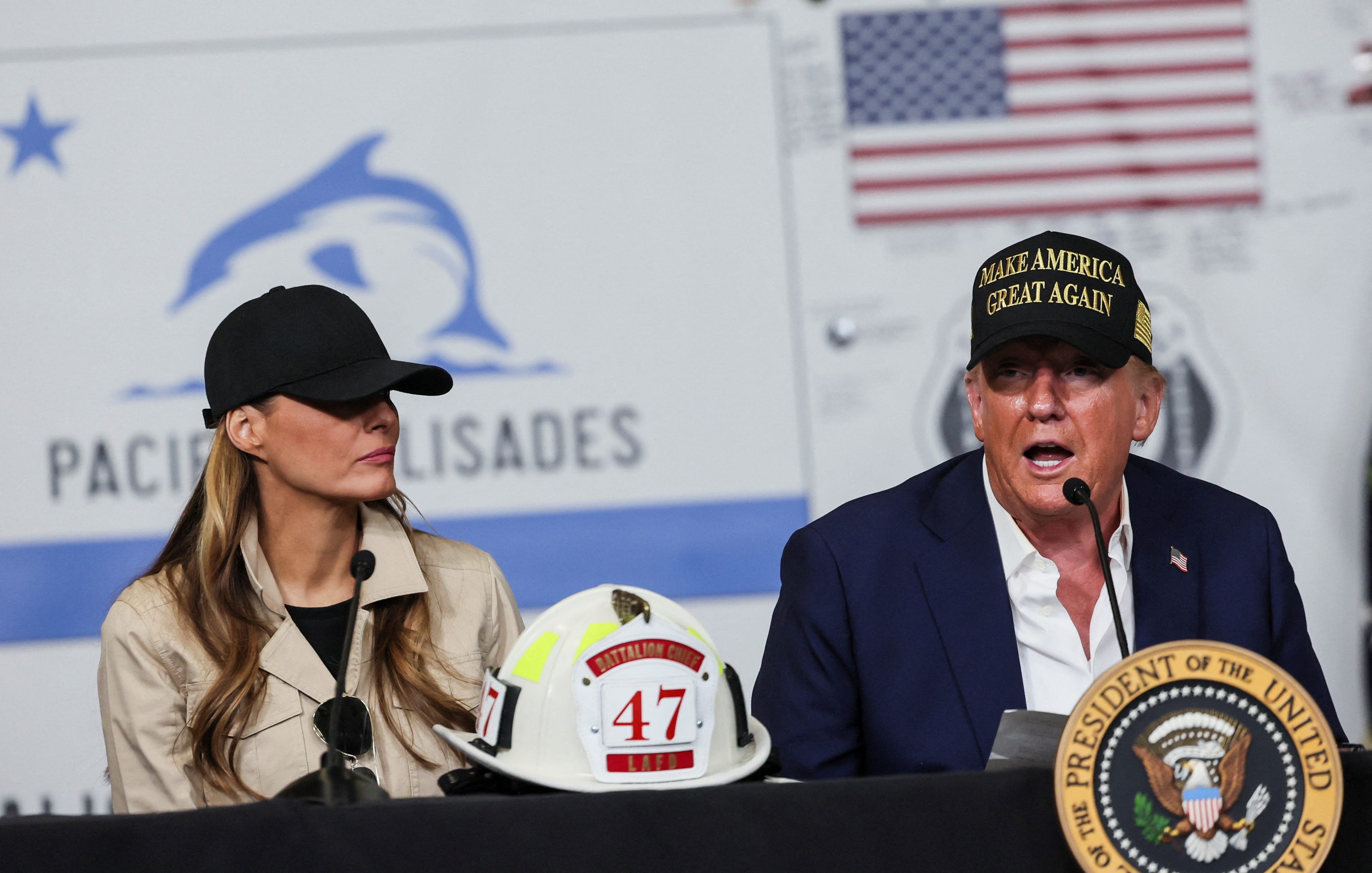 Melania Trump and Donald Trump visit the Pacific Palisades neighborhood.