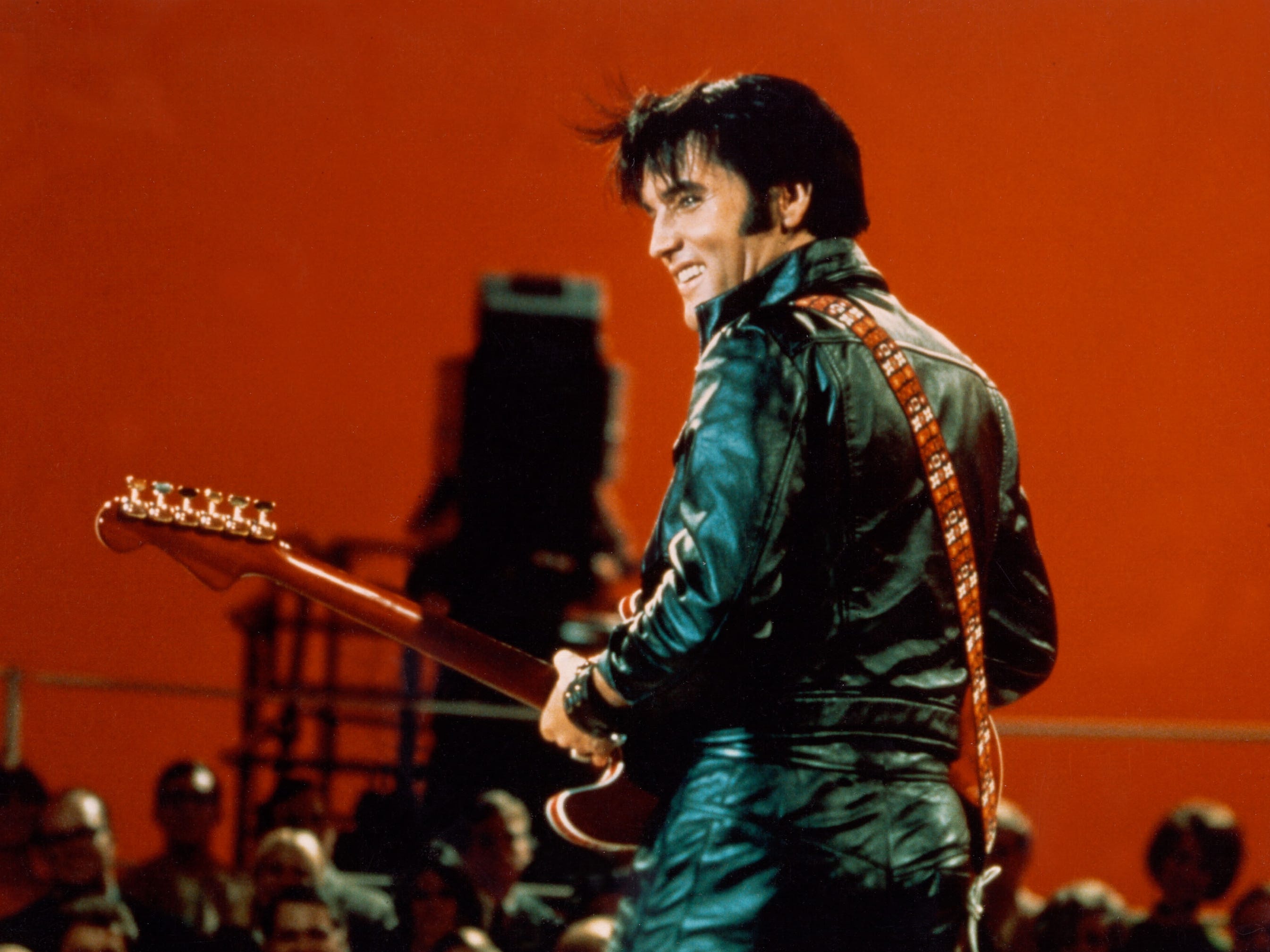 Rock and roll musician Elvis Presley performing on the Elvis comeback TV special on June 27, 1968.