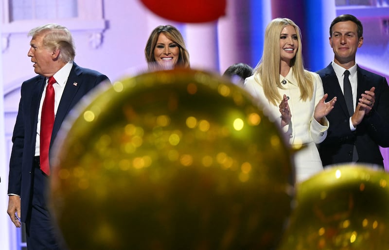From left: Donald Trump, Melania Trump, Ivanka Trump and Jared Kushner stand on stage on the last day of the 2024 Republican National Convention in Milwaukee, Wisconsin, on July 18, 2024.