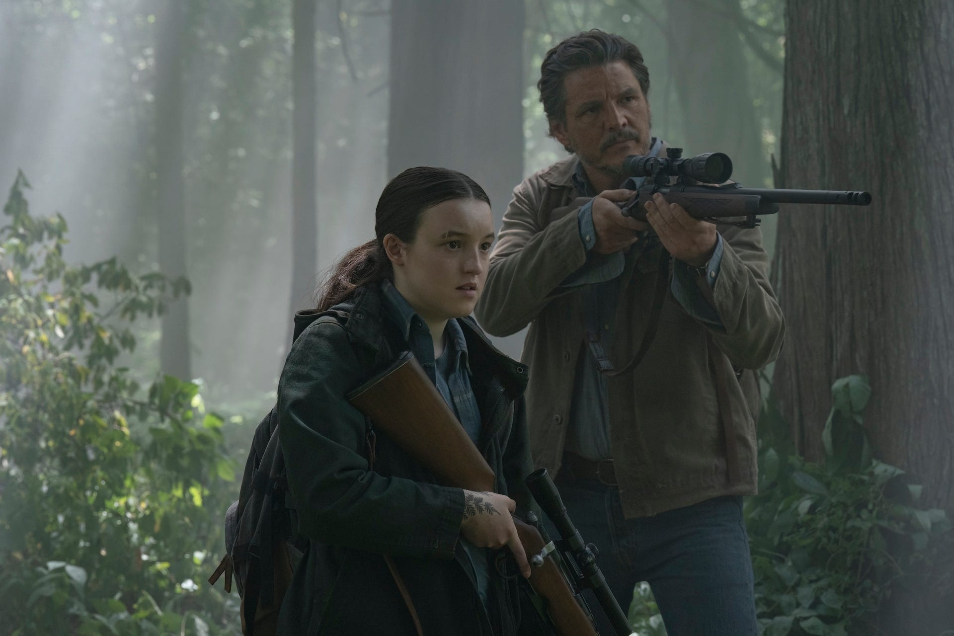 Bella Ramsey as Ellie and Pedro Pascal as Joel in season two, episode six of "The Last of Us."