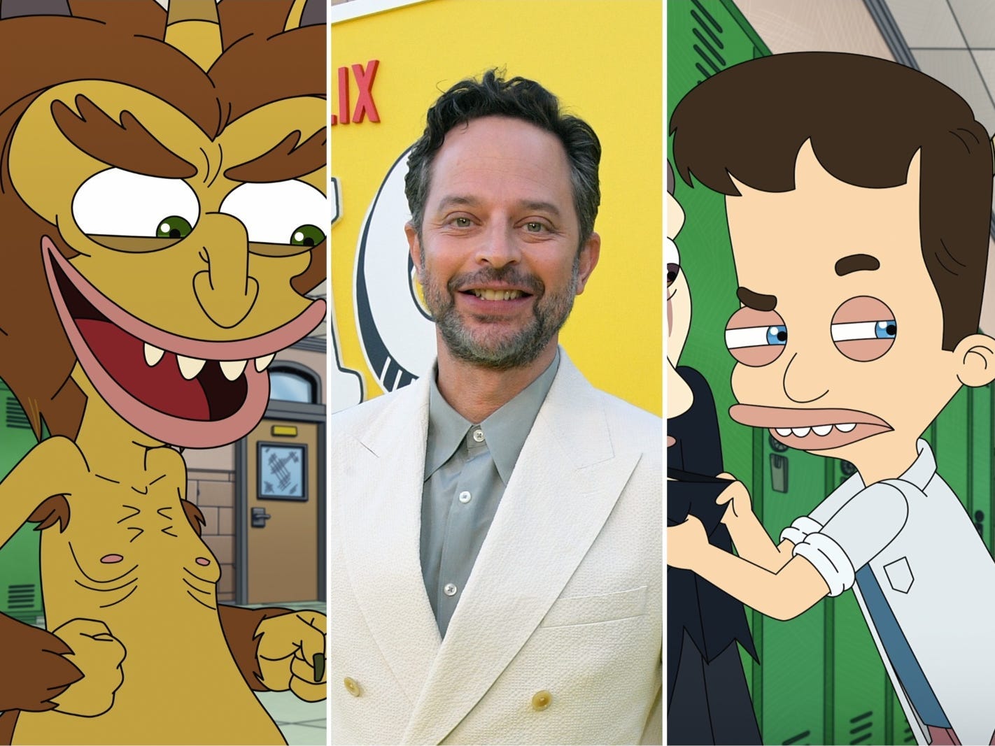A composite image showing animated monster and child with a picture of Nick Kroll in a white suit in the center.