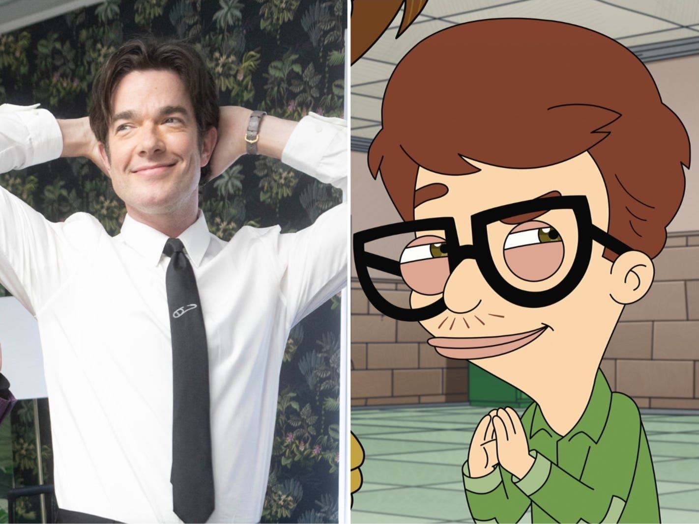 A composite image showing John Mulaney wearing a white shirt, a tie and putting his hands behind his head next to an animated photo of a child wearing glasses.