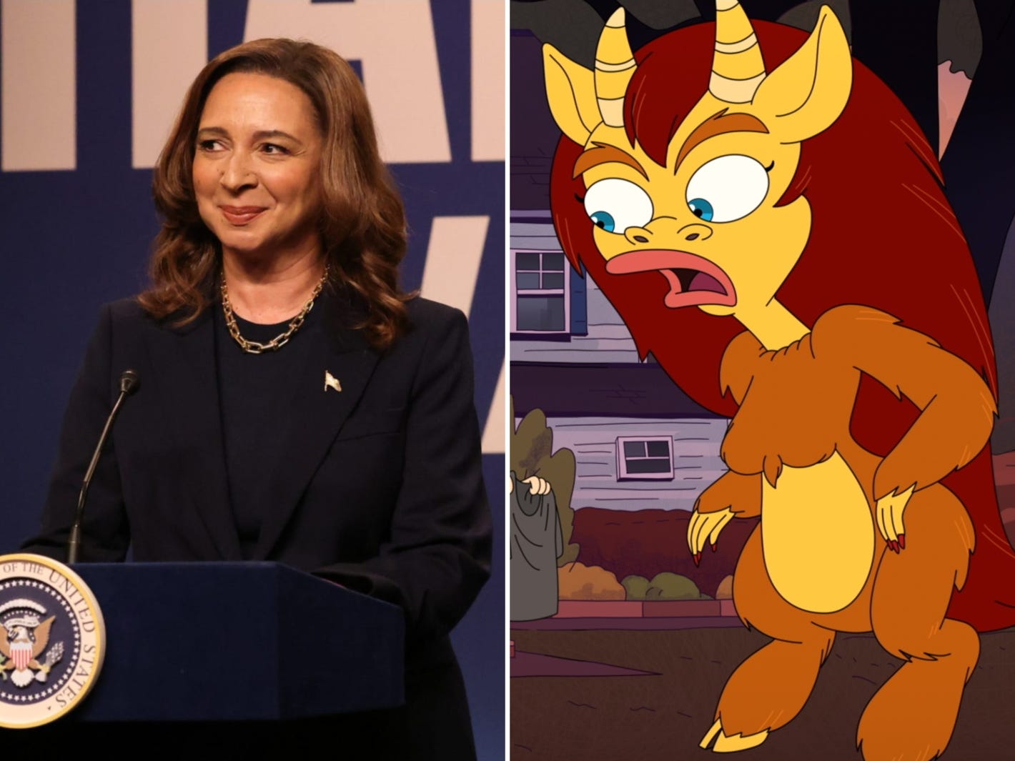A composite image of Maya Rudolph in formal navy outfit and an animated monster.