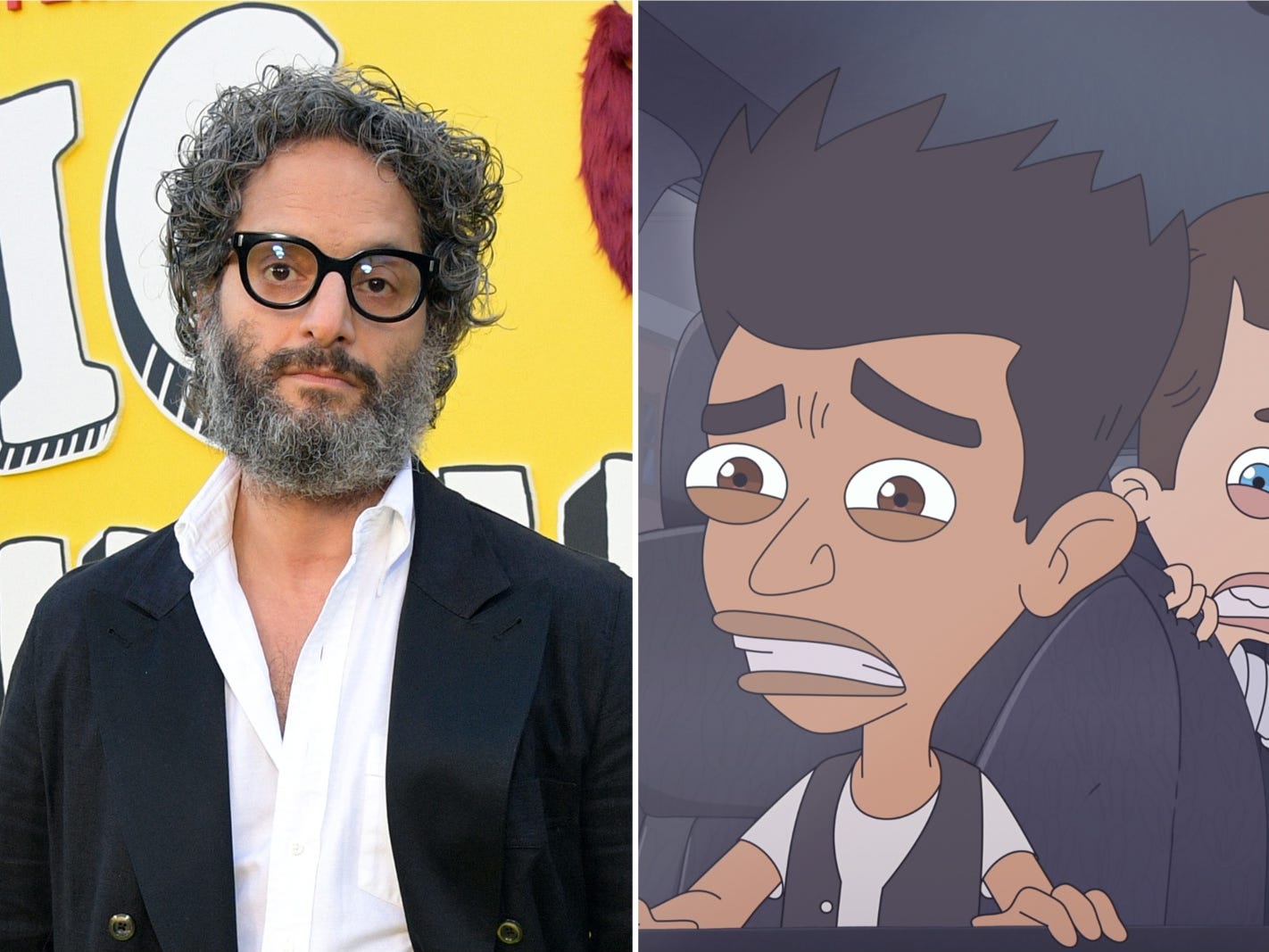 A composite image of Jason Mantzoukas wearing a white shirt and jacket next to an animated child.